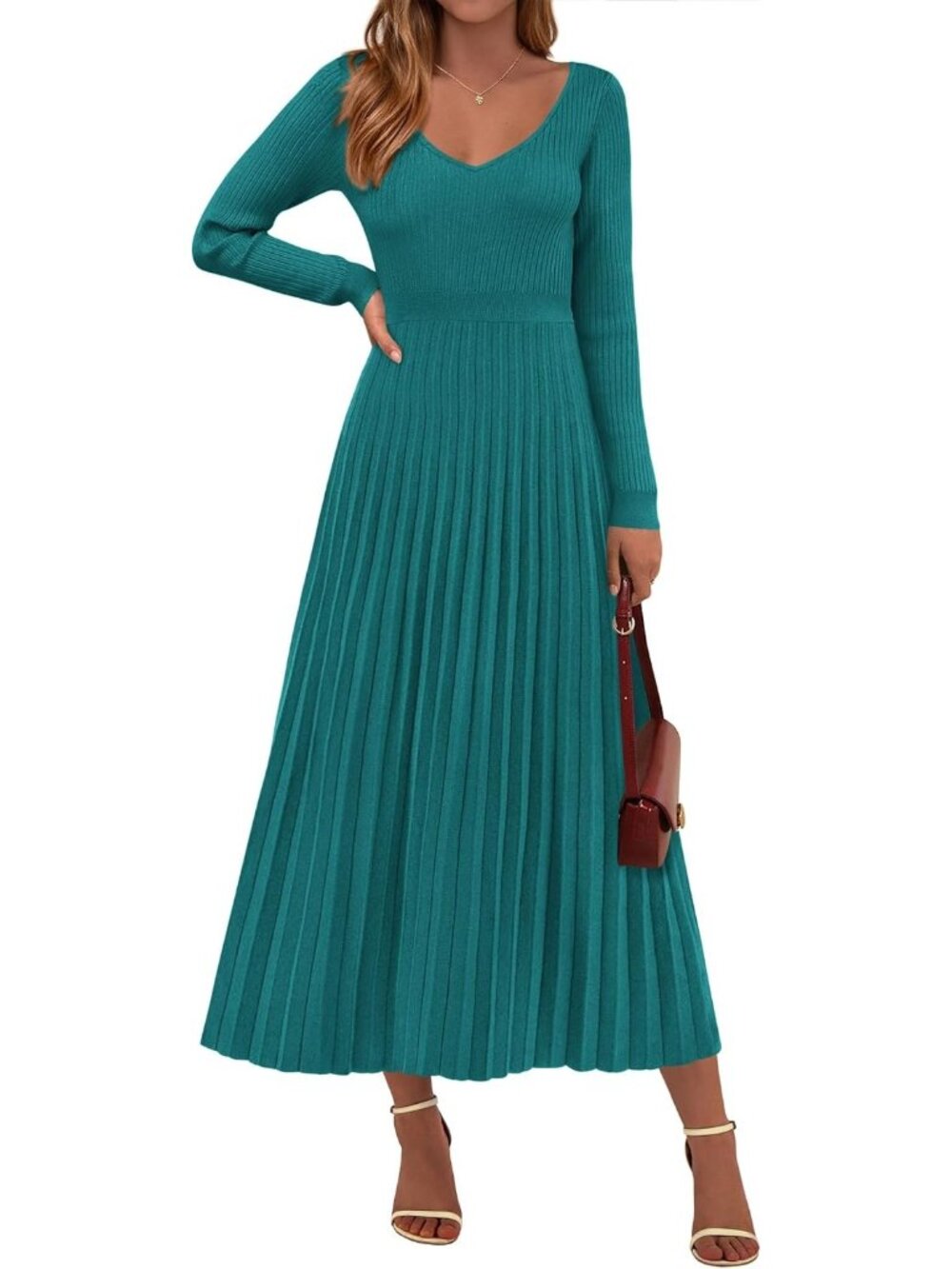 🆕 Women's Teal Blue Ribbed Knit Long Sleeve V-Neck Pleated A-Line Midi Dress